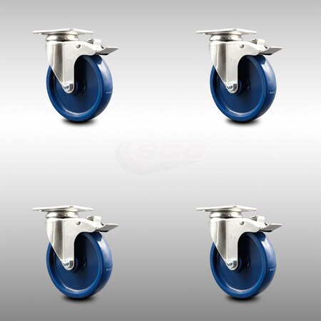 Service Caster Brand 5 Inch 316 Stainless Steel Light Duty Swivel Caster Set of 4 Solid Polyurethane Caster Wheels ? 1,200lbs. Total Cpty ? Swivel Plate Casters with Total Lock Brakes